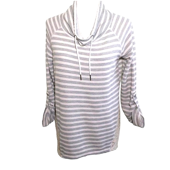 French Laundry Gray White Stripe Terry Longline Drawstring Neck Longsleeve top M - Picture 3 of 16